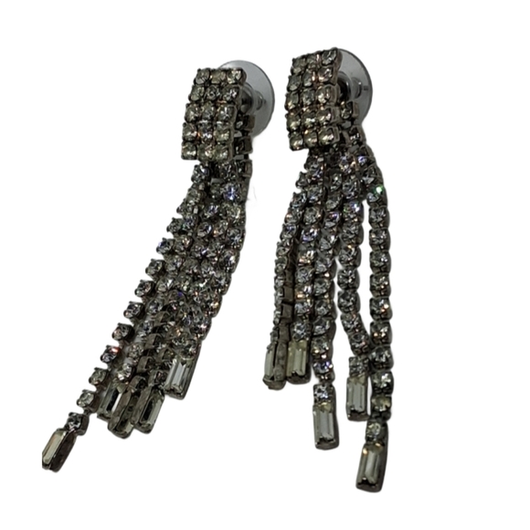 Vintage Crystal Fringe Dangle Earrings - 80s Glam Statement - Picture 4 of 5